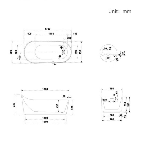 White 67-inch acrylic oval bathtub with single-soaker design for comfortable bathing dimensions