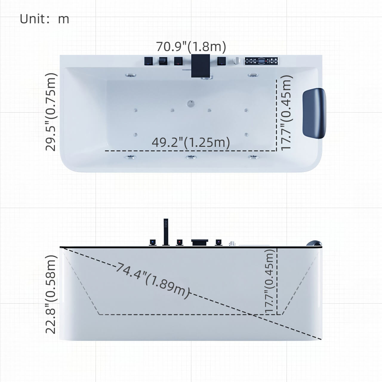 White 63-inch rectangular acrylic single soaker massage bathtub with ergonomic design dimensions