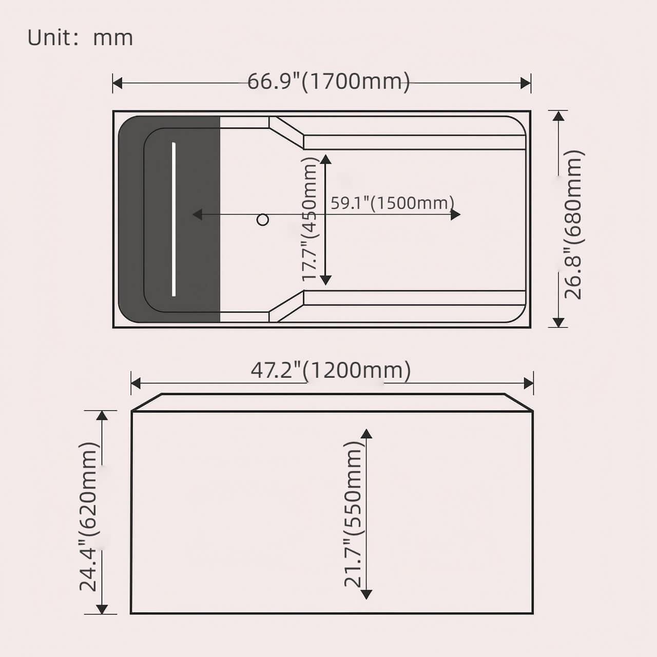 White 47-inch rectangular acrylic soaking bathtub designed for single user comfort dimensions