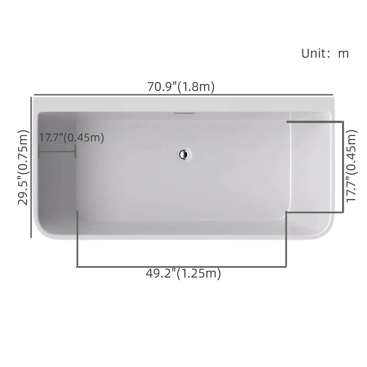 White 55-inch rectangular acrylic bathtub designed for single soak comfort dimensions