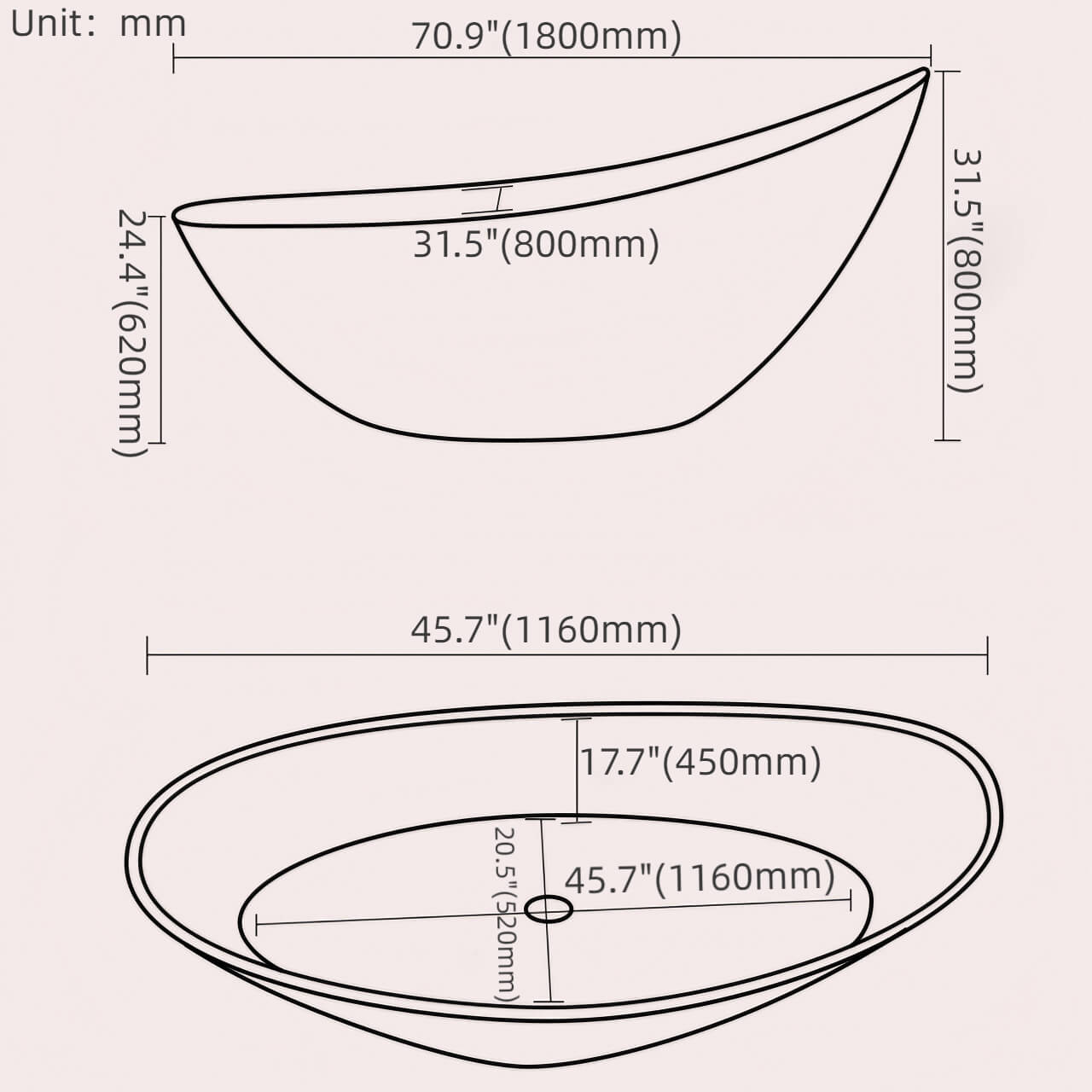 White acrylic moon-shaped single soaker bathtub, 59-inch, modern bathroom fixture dimensions