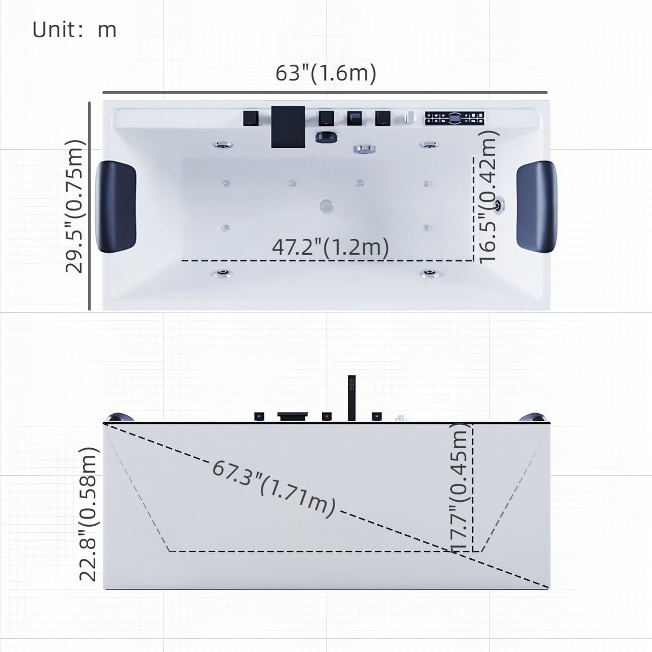 White 47-inch rectangular acrylic massage bathtub with single soaker for relaxing baths dimensions