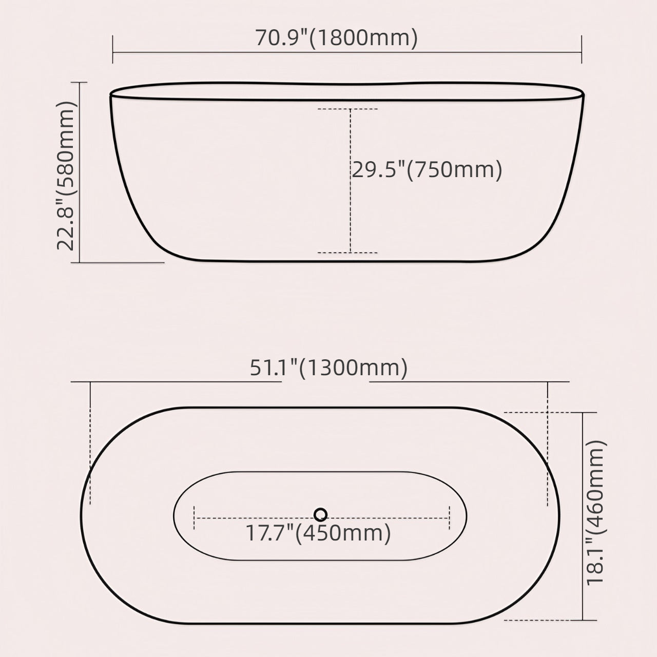 White 47-inch acrylic oval bathtub designed for single-person soaking comfort dimensions