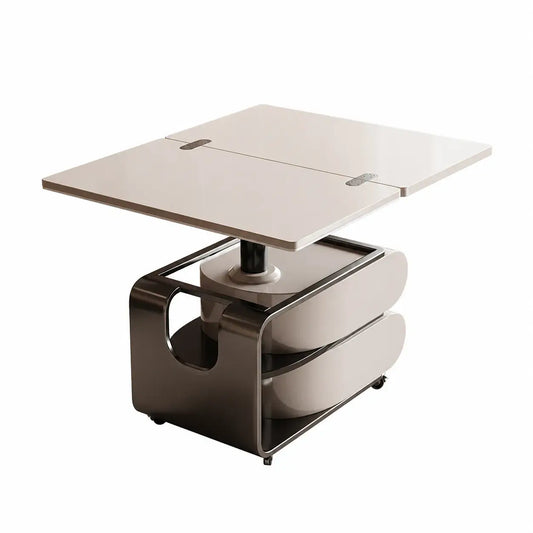 Two-Tone Lift Top Coffee Table with Drawers, Open Shelves and Rounded Profile