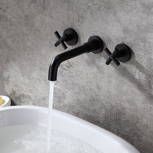 Wall Mounted Brass Bathroom Faucet with Cross Handles and Matte Black Finish Main Product Image