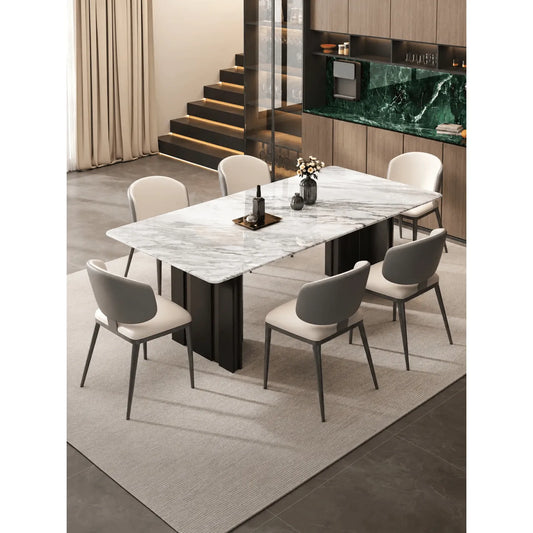 White Veined Marble Table with Rounded Edges and Architectural Base Main Product Image