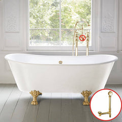Clawfoot Bathtub with Porcelain Enameled Cast Iron, Roll Top, Oval Shape, Casual Style & Soaking Therapy, Blue-White, Tub Bathtubs