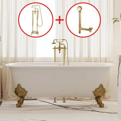 Clawfoot Bathtub in Porcelain Enameled Cast Iron with 2 Handles, Roll Top, Compression Faucet, Oval Shape, Valve & Contemporary Style, White-Gold, Tub with Wall Mounted Faucets, 72"L x 31"W x 25"H Bathtubs