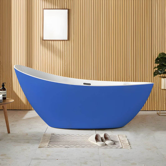 White contemporary freestanding acrylic soaking bathtub with oval slipper design, 59 by 31.5 inches