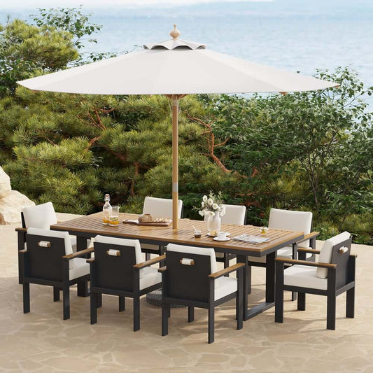 10-Piece Modern Outdoor Dining Set with Teak Wood Table and Cushions