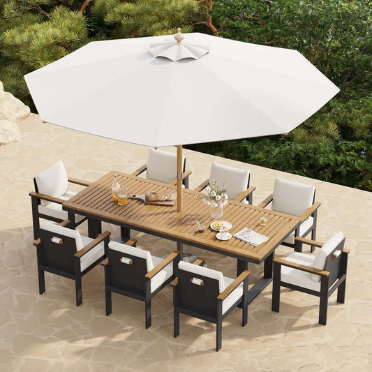 10-Piece Modern Outdoor Dining Set with Teak Wood Table and Cushions Main Product Image