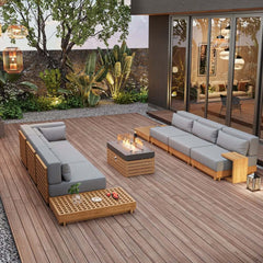 10-Piece Modular Teak Sectional Sofa with Smokeless Fire Pit Set