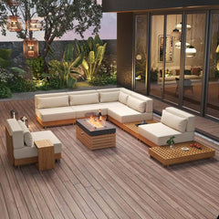 10-Piece Modular Teak Sectional Sofa with Smokeless Fire Pit Set