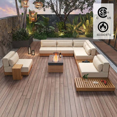 10-Piece Modular Teak Sectional Sofa with Smokeless Fire Pit Set