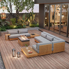 10-Piece Modular Teak Sectional Sofa with Smokeless Fire Pit Set