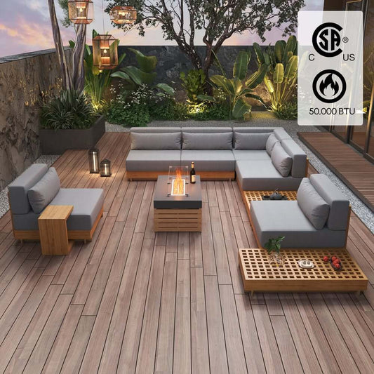 10-Piece Modular Teak Sectional Sofa with Smokeless Fire Pit Set