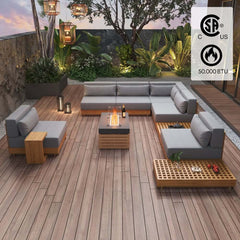 10-Piece Modular Teak Sectional Sofa with Smokeless Fire Pit Set