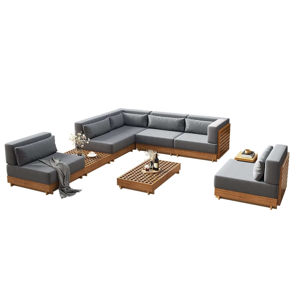 10-Piece Modular Teak Sectional Sofa with Smokeless Fire Pit Set