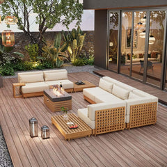 10-Piece Modular Teak Sectional Sofa with Smokeless Fire Pit Set