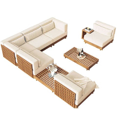 10-Piece Modular Teak Sectional Sofa with Smokeless Fire Pit Set