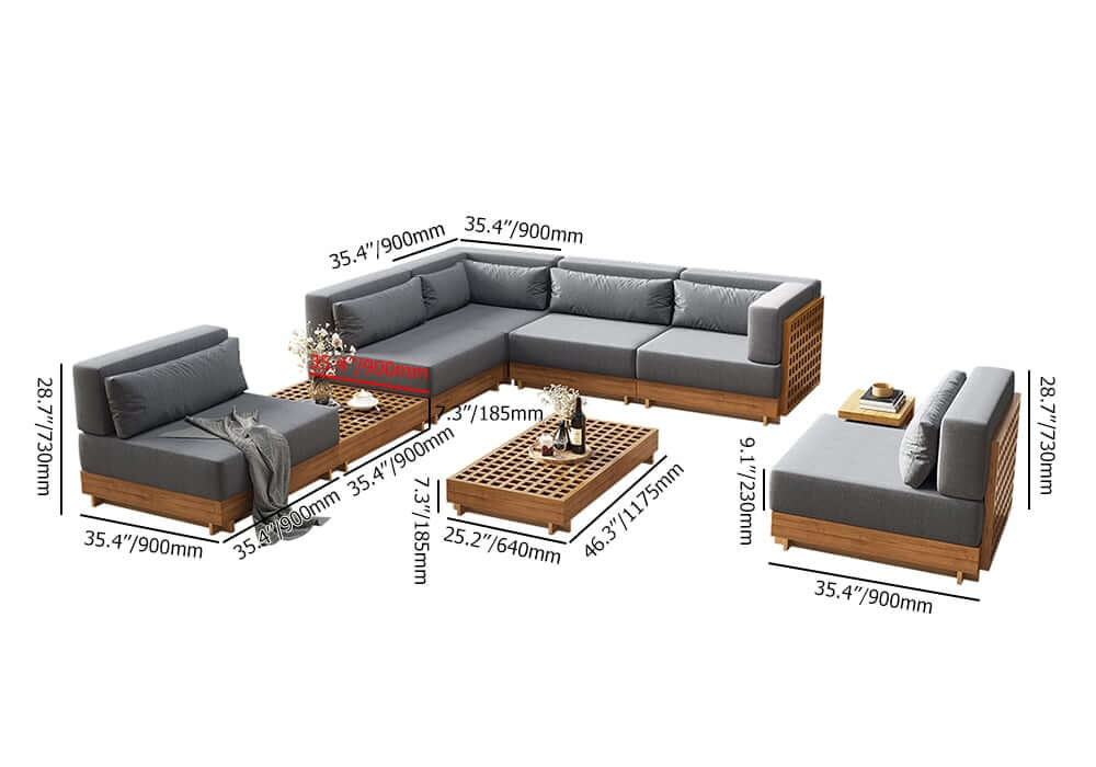 10-Piece Modular Teak Sectional Sofa with Smokeless Fire Pit Set Dimensions
