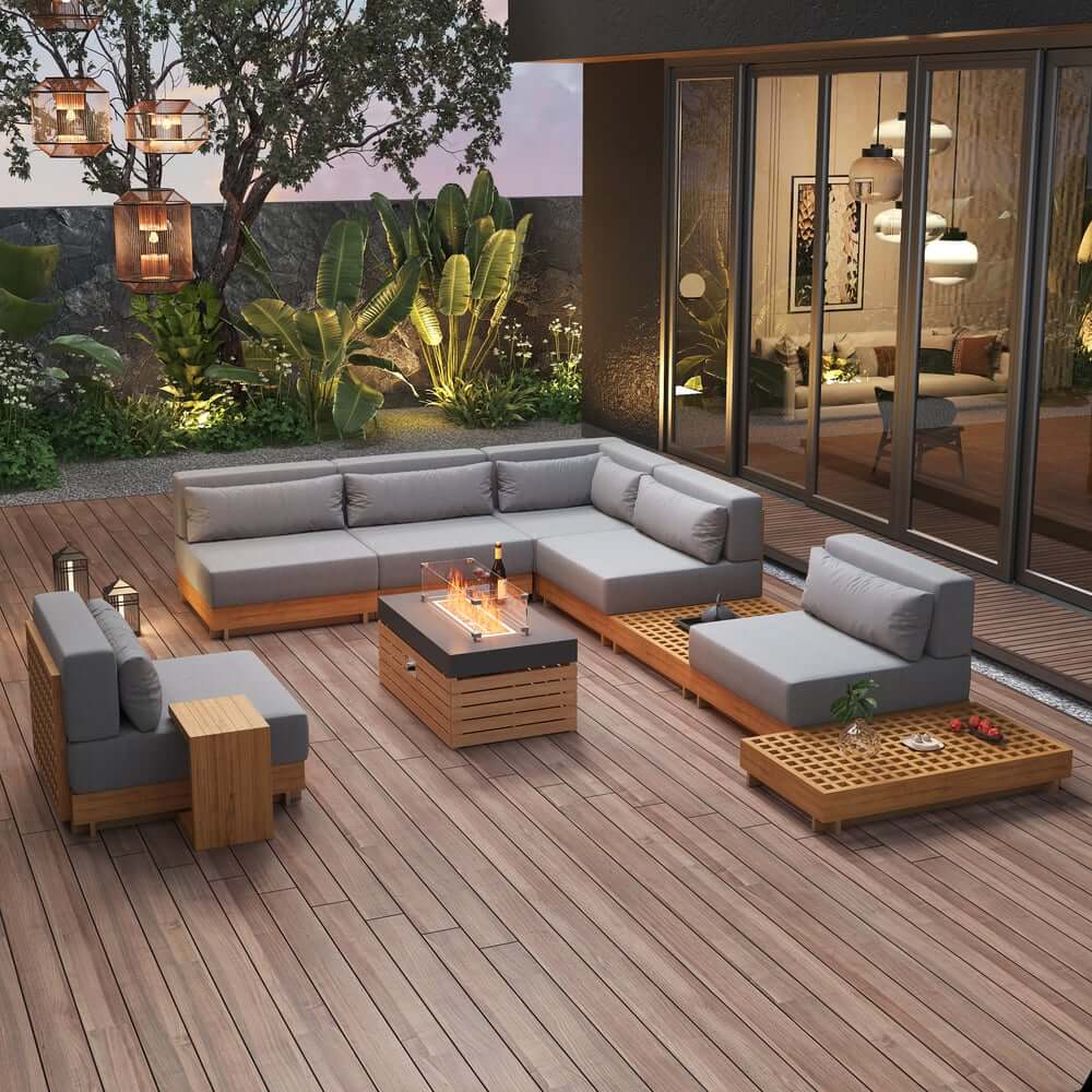 10-Piece Modular Teak Sectional Sofa with Smokeless Fire Pit Set Main Product Image