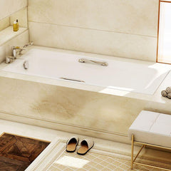 White Cast Iron Rectangular Drop-in Bathtub with Back to Wall Design, Slip Resistant, Valve, and Overflow Hole, Tub, With Arm, 59"L x 28"W x 16"H Bathtubs