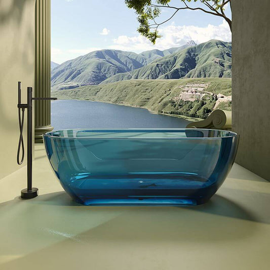Oval-shaped Ink Resin freestanding bathtub with handle, roll top, and compression faucet, 51 by 28 inches
