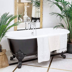 Clawfoot Bathtub in Porcelain Enameled Cast Iron with 2 Handles, Roll Top, Compression Faucet, Oval Shape, Valve & Contemporary Style, White-Gold, Tub with Wall Mounted Faucets, 72"L x 31"W x 25"H Bathtubs