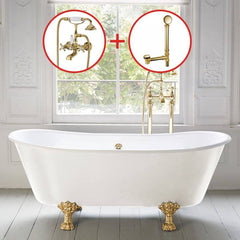 Clawfoot Bathtub with Porcelain Enameled Cast Iron, Roll Top, Oval Shape, Casual Style & Soaking Therapy, Blue-White, Tub Bathtubs