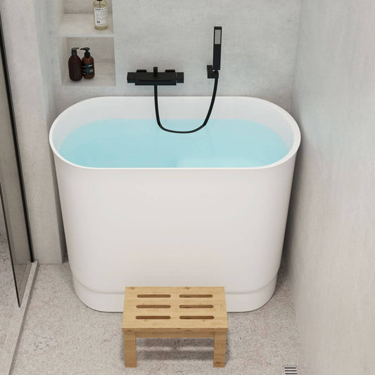Ink Freestanding Bathtub with Seat, Roll Top Oval Design in Simplistic Style for Soaking, 39.4"L x 22.8"W x 29.5"H, Tub Bathtubs