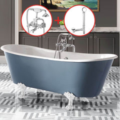 Clawfoot Bathtub with Porcelain Enameled Cast Iron, Roll Top, Oval Shape, Casual Style & Soaking Therapy, Blue-White, Tub Bathtubs
