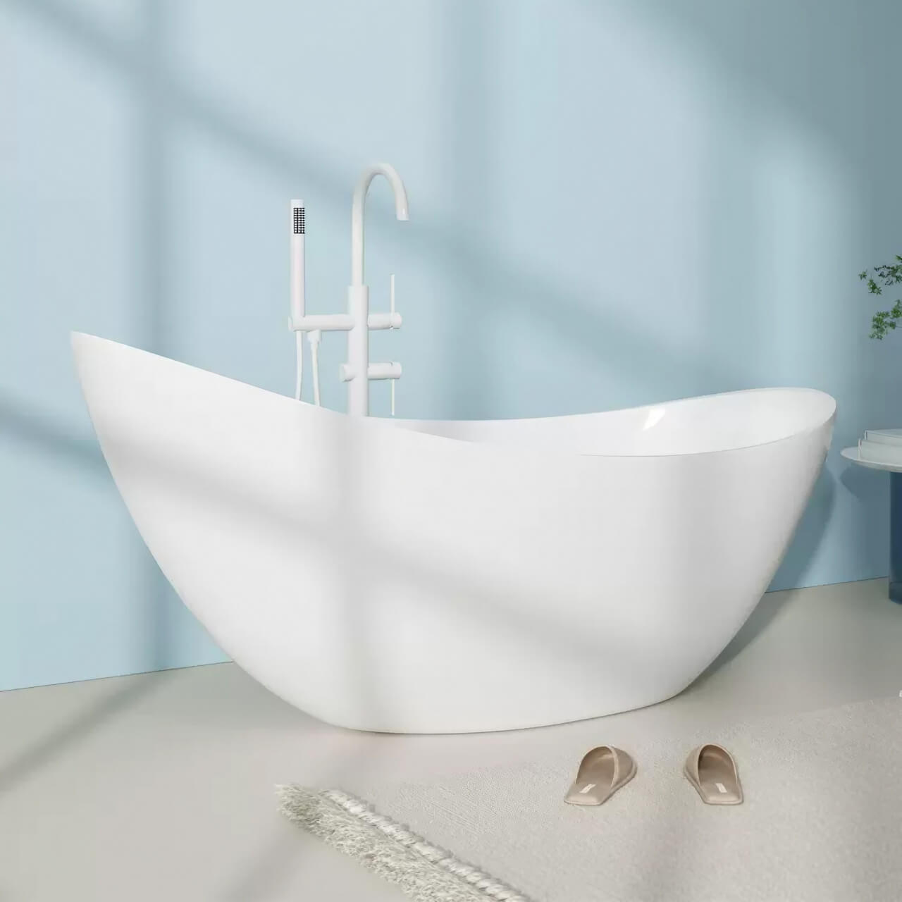 Elegant 59-inch white acrylic moon-shaped bathtub in a minimalist bathroom setting