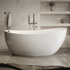 67" Contemporary Oval Freestanding Stone Resin Soaking Bathtub in Matte White