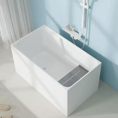 Close-up of the 47-Inch White Acrylic Single User Soaking Bathtub showcasing its sleek rectangular shape.