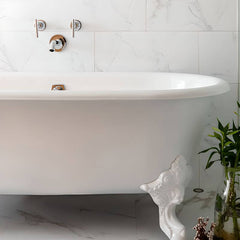 Clawfoot Bathtub in Porcelain Enameled Cast Iron with 2 Handles, Roll Top, Compression Faucet, Oval Shape, Valve & Contemporary Style, White-Gold, Tub with Wall Mounted Faucets, 72"L x 31"W x 25"H Bathtubs