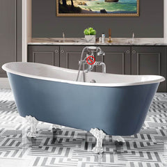 Clawfoot Bathtub with Porcelain Enameled Cast Iron, Roll Top, Oval Shape, Casual Style & Soaking Therapy, Blue-White, Tub Bathtubs