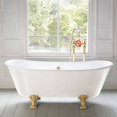 Clawfoot Bathtub with Porcelain Enameled Cast Iron, Roll Top, Oval Shape, Casual Style & Soaking Therapy, Blue-White, Tub Bathtubs