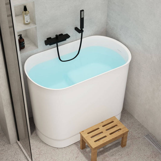 Ink Freestanding Bathtub with Seat, Roll Top Oval Design in Simplistic Style for Soaking, 39.4"L x 22.8"W x 29.5"H, Tub Bathtubs