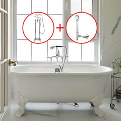 Clawfoot Bathtub in Porcelain Enameled Cast Iron with 2 Handles, Roll Top, Compression Faucet, Oval Shape, Valve & Contemporary Style, White-Gold, Tub with Wall Mounted Faucets, 72"L x 31"W x 25"H Bathtubs