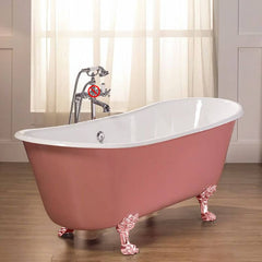 Clawfoot Bathtub with Porcelain Enameled Cast Iron, Roll Top, Oval Shape, Casual Style & Soaking Therapy, Blue-White, Tub Bathtubs