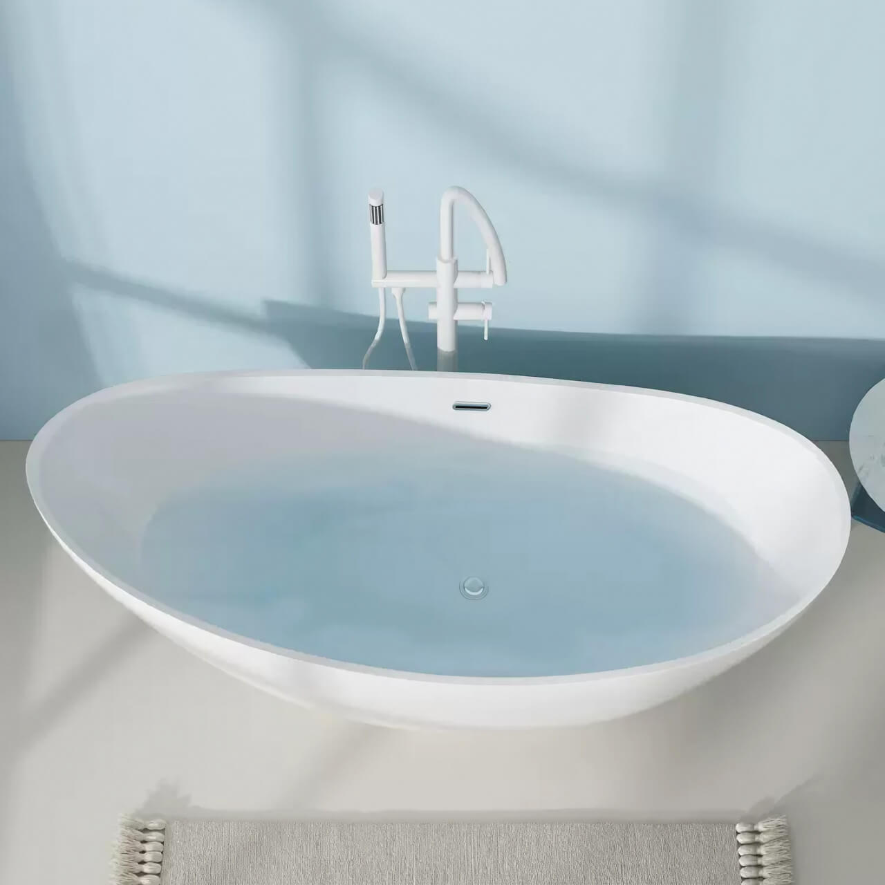 Luxurious single soaker moon-shaped bathtub made of white acrylic, showcasing ergonomic backrest