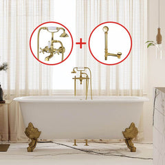Clawfoot Bathtub in Porcelain Enameled Cast Iron with 2 Handles, Roll Top, Compression Faucet, Oval Shape, Valve & Contemporary Style, White-Gold, Tub with Wall Mounted Faucets, 72"L x 31"W x 25"H Bathtubs