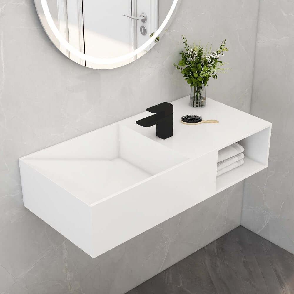 35.43" Modern Wall Mounted Rectangle Sink in Matte White Stone Resin