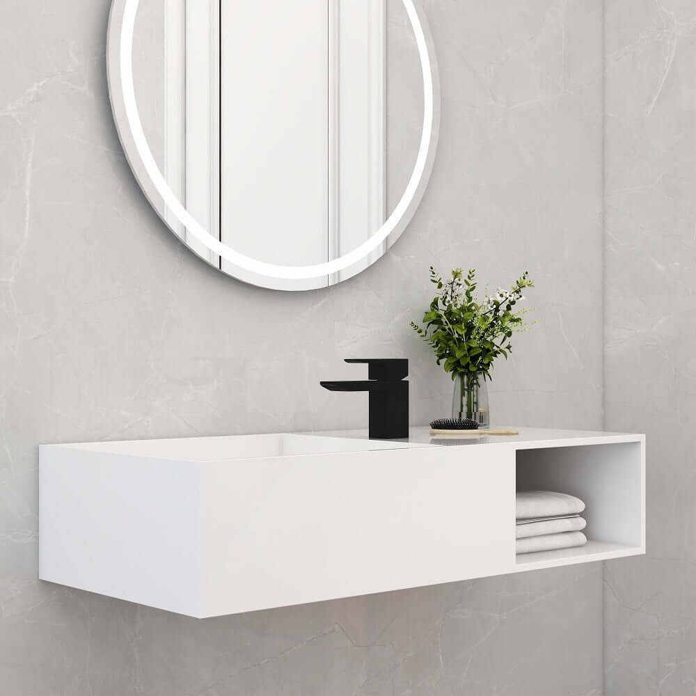 35.43" Modern Wall Mounted Rectangle Sink in Matte White Stone Resin