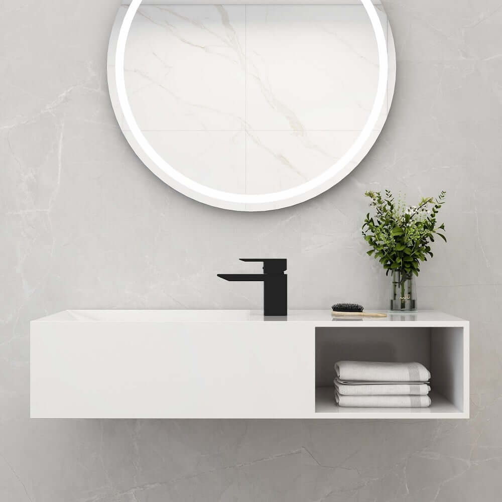 35.43" Modern Wall Mounted Rectangle Sink in Matte White Stone Resin