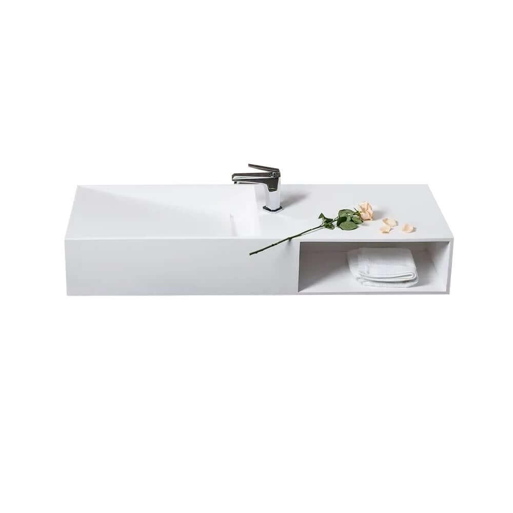 35.43" Modern Wall Mounted Rectangle Sink in Matte White Stone Resin