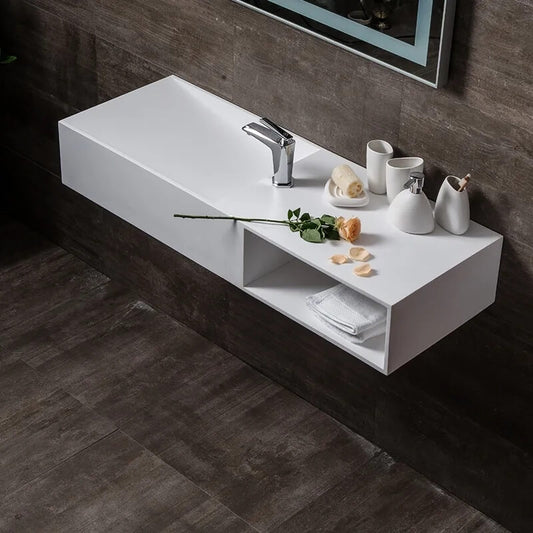 35.43" Modern Wall Mounted Rectangle Sink in Matte White Stone Resin Main Product Image