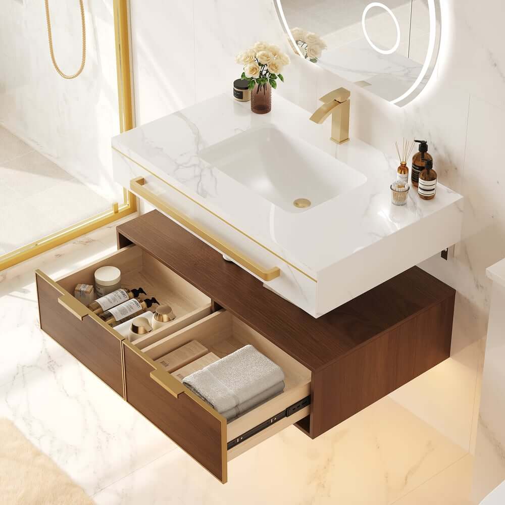 36" Modern White & Walnut Floating Vanity with Sintered Stone Top