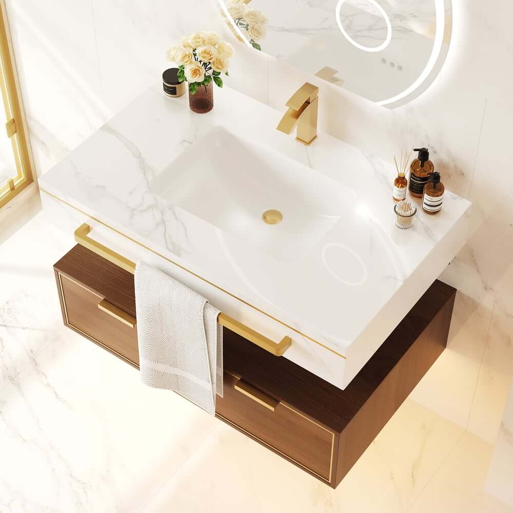 36" Modern White & Walnut Floating Vanity with Sintered Stone Top